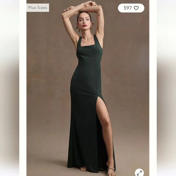 Anthropologie | Dresses | Bhldn Ashlynn Squareneck Stretch Crepe Side Slit  Gown Dark Emerald Green | Poshmark